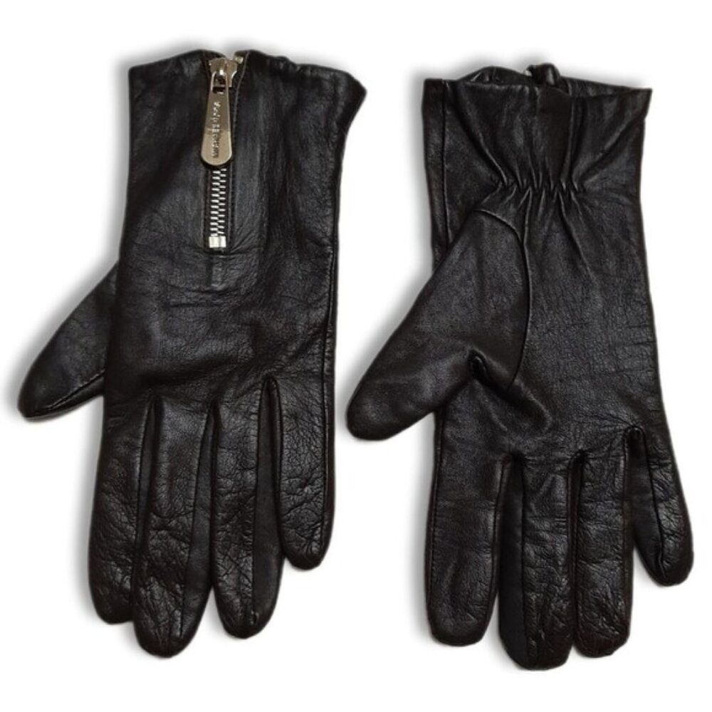 MICHAEL KORS Classic Leather Gloves Dark Brown w/ Zipper Detail Sz M